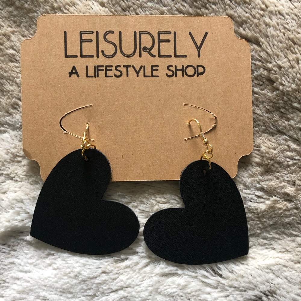 Black Heart Leather Earrings | Gold-plate Handmade